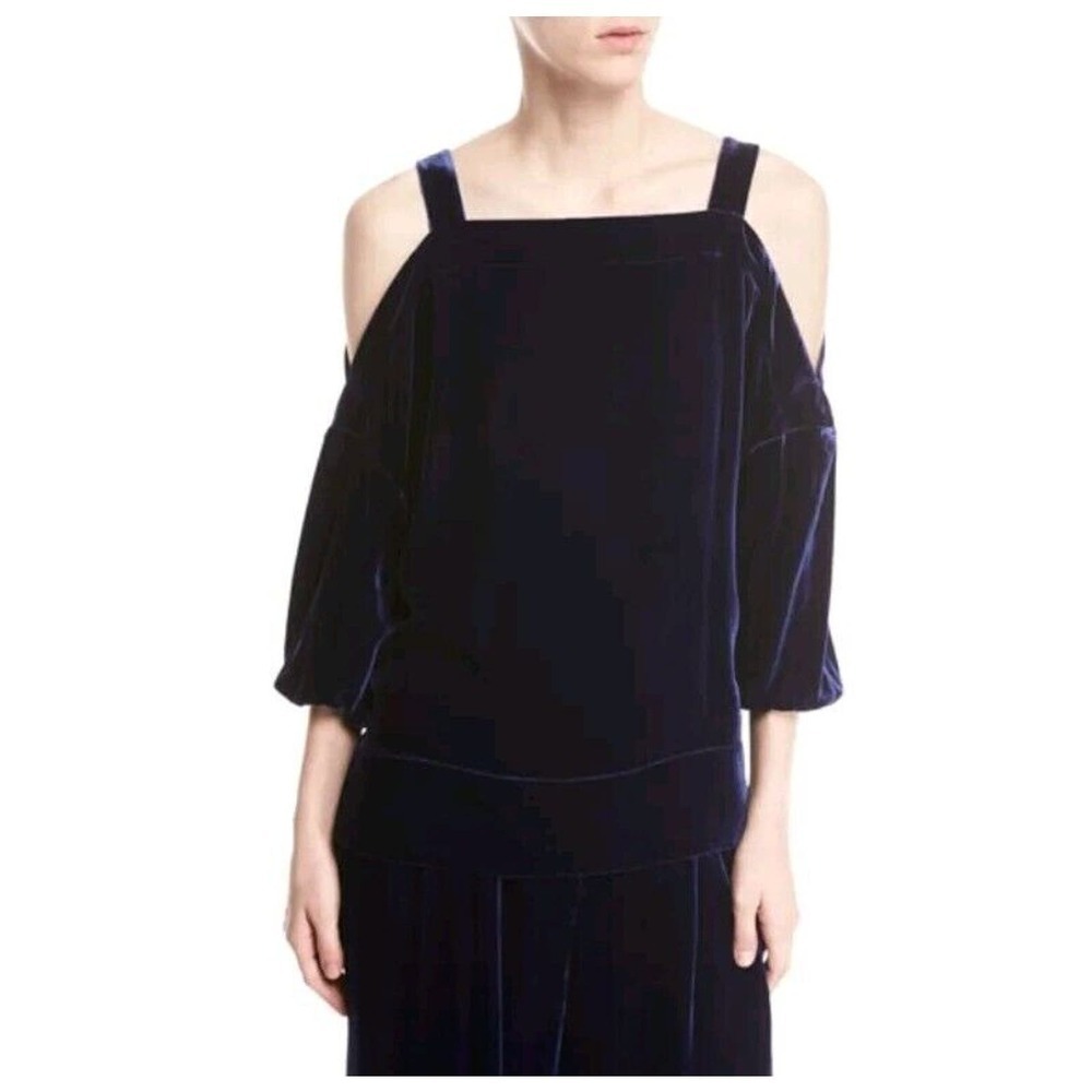 Tibi Navy Blue Crushed Velvet Cold Shoulder Knit Top Womens Medium Silk Blend